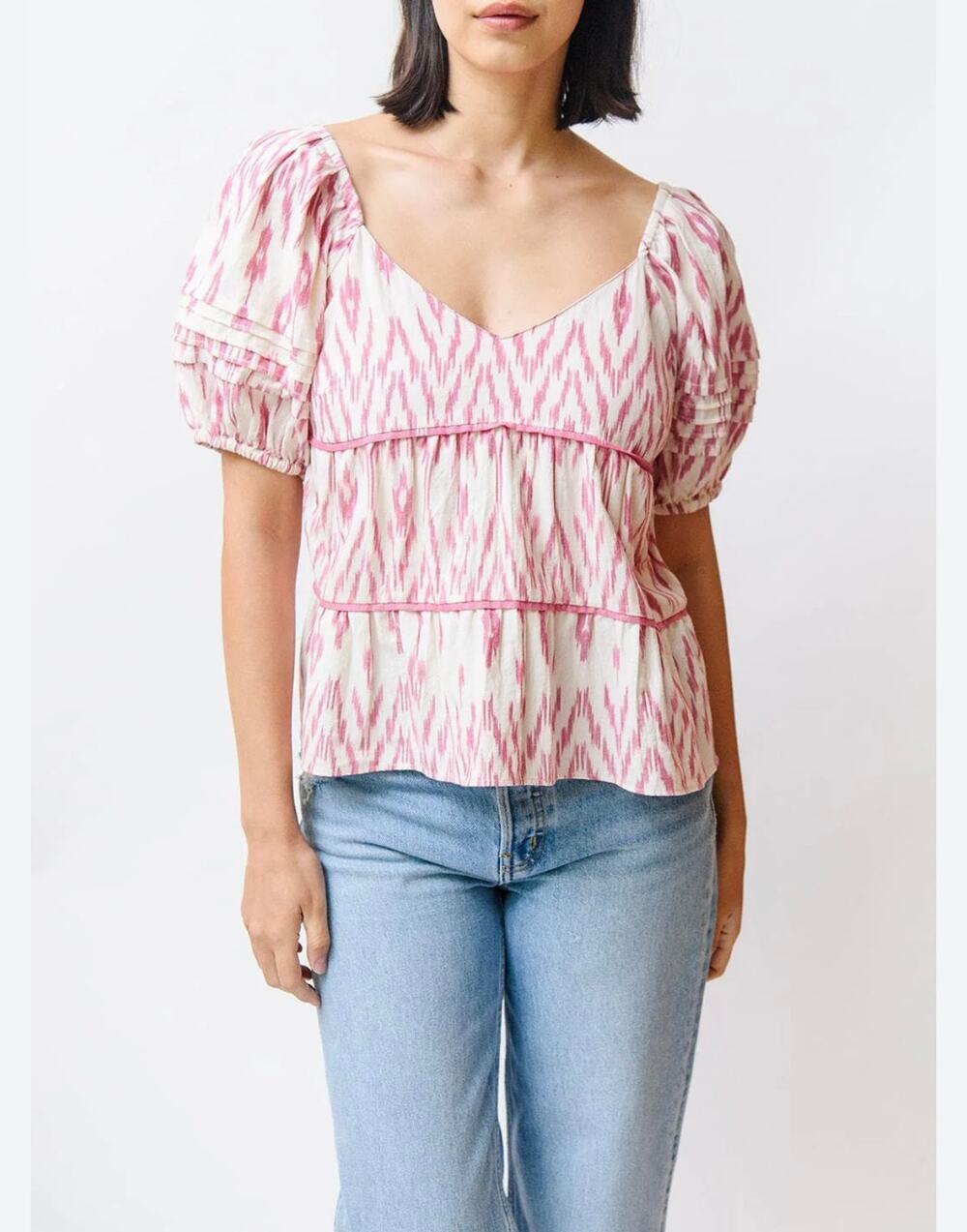 Saylor Inka Blouse 100% Cotton Pink White Womens Short Slv XS